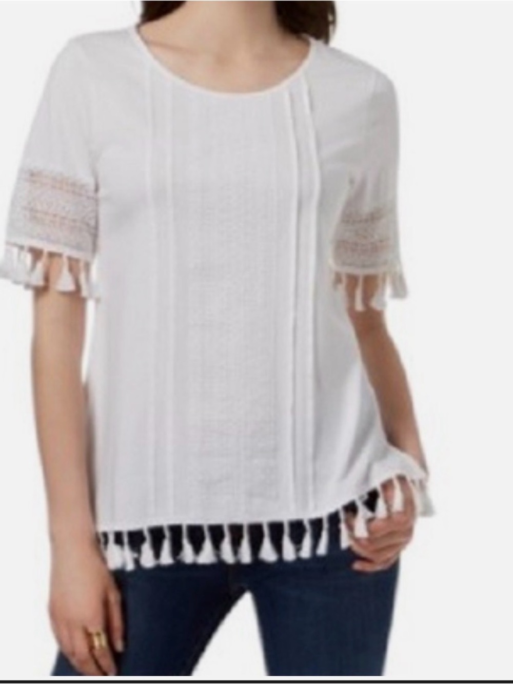 Charter Club Women's Bright White Tassel Trimmed Round Neck Short Sleeve Top